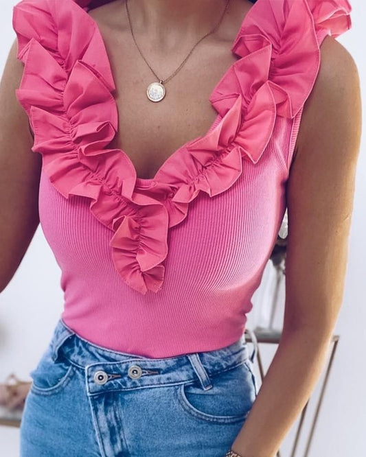 Frill Hem V Neck Ribbed Tank Top