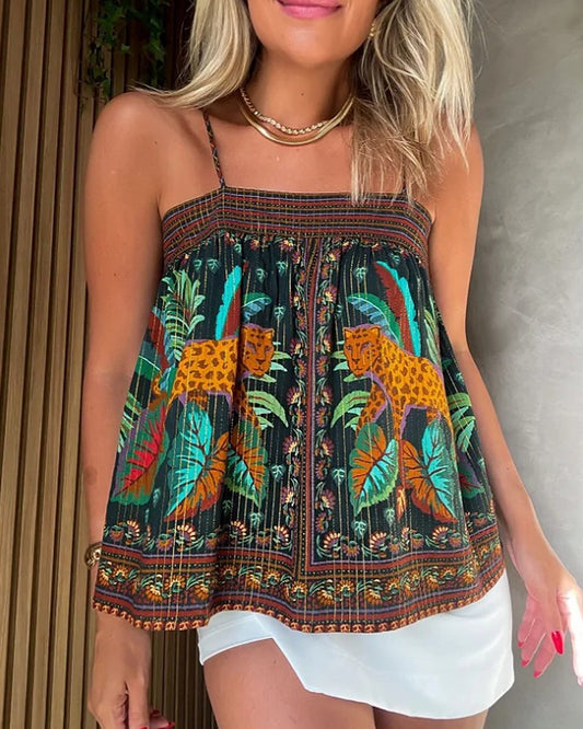 Tropical Print Square Neck Tied Detail Cami Top