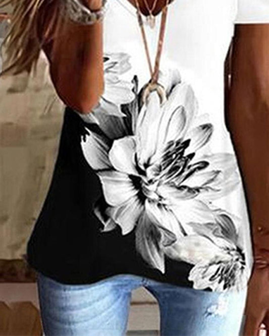 Floral Print Colorblock Lace Patch Cold Shoulder Top