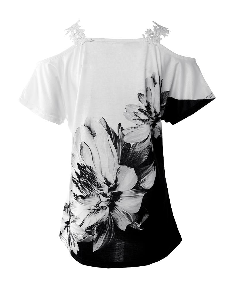 Floral Print Colorblock Lace Patch Cold Shoulder Top