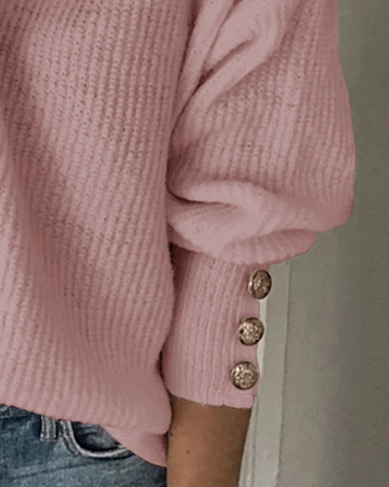 High Neck Lantern Sleeve Buttoned Knit Ribbed Top