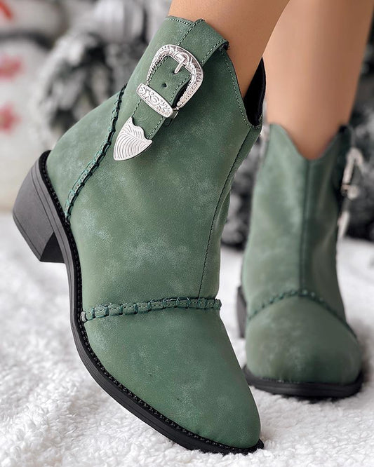 Buckled Chunky Heel Vintage Cowboy Style Ankle Boots