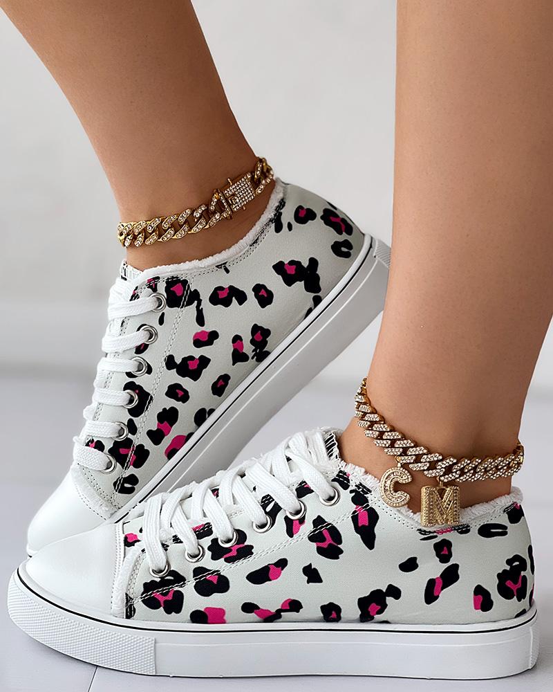 Leopard Print Raw Hem Lace up Canvas Sneakers