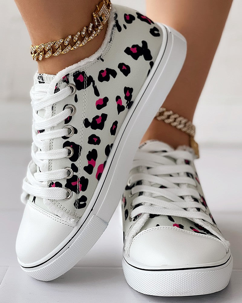 Leopard Print Raw Hem Lace up Canvas Sneakers