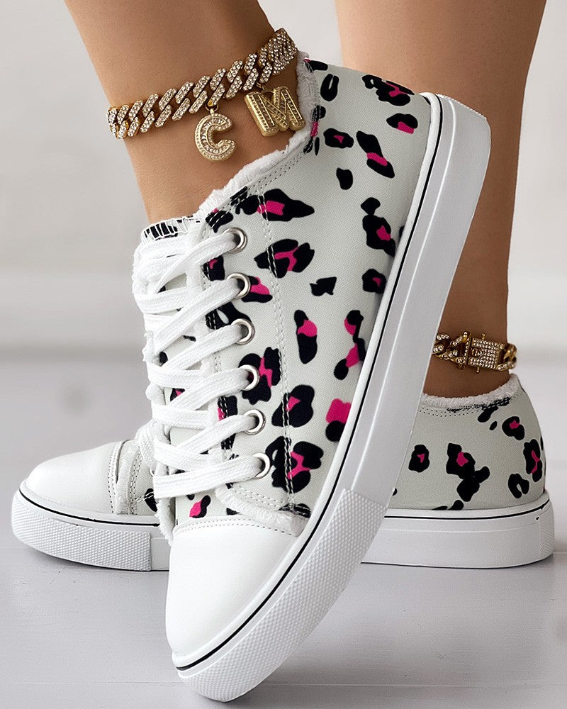 Leopard Print Raw Hem Lace up Canvas Sneakers