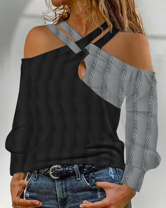 Colorblock Crisscross Cold Shoulder Textured Top