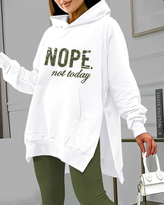 Nope Not Today Print Pocket Design Slit Hoodie & Pants Set