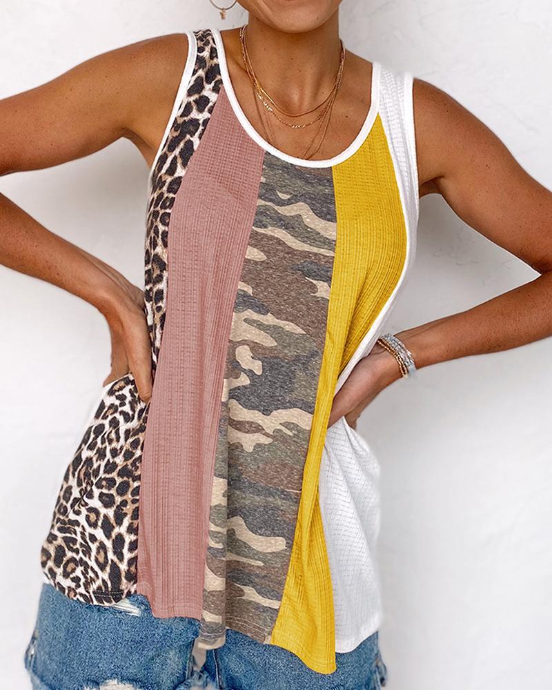 Contrast Binding Leopard Camouflage Print Casual Tank Top