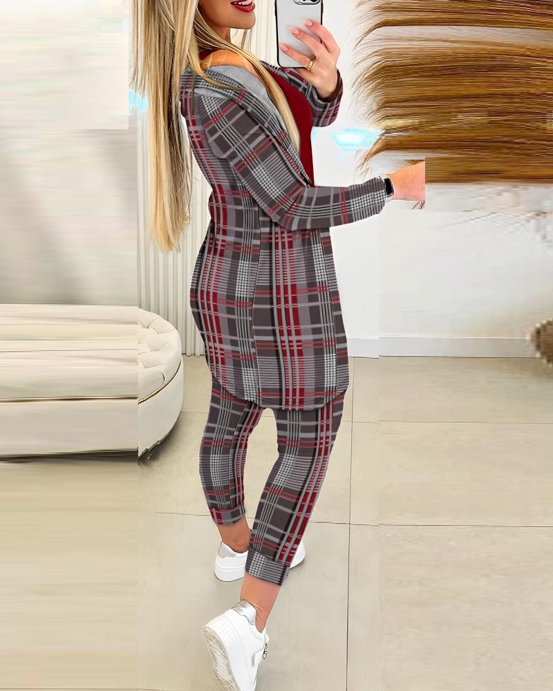 Tank Top & Plaid Print Drawstring Pants Set With Coat