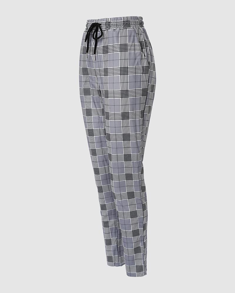 Plaid Print Pocket Design High Waist Pants