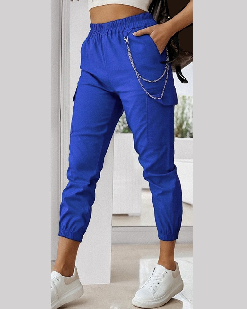 Chain Decor Cuffed Casual Pants