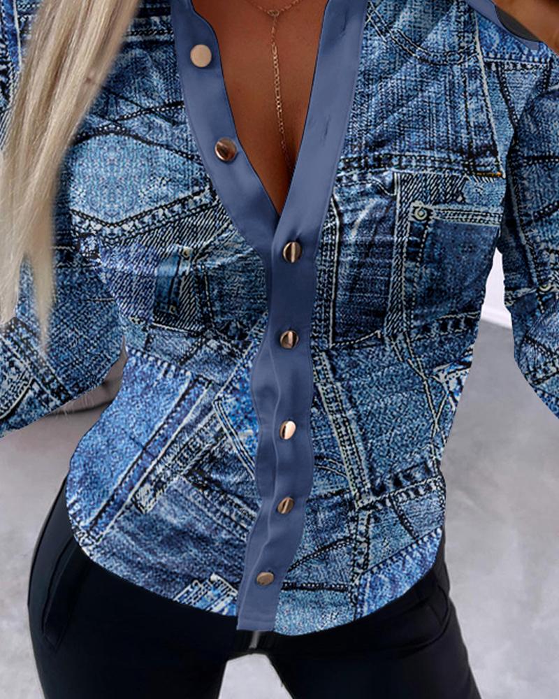 Denim Look Print Ruched Buttoned Long Sleeve Top