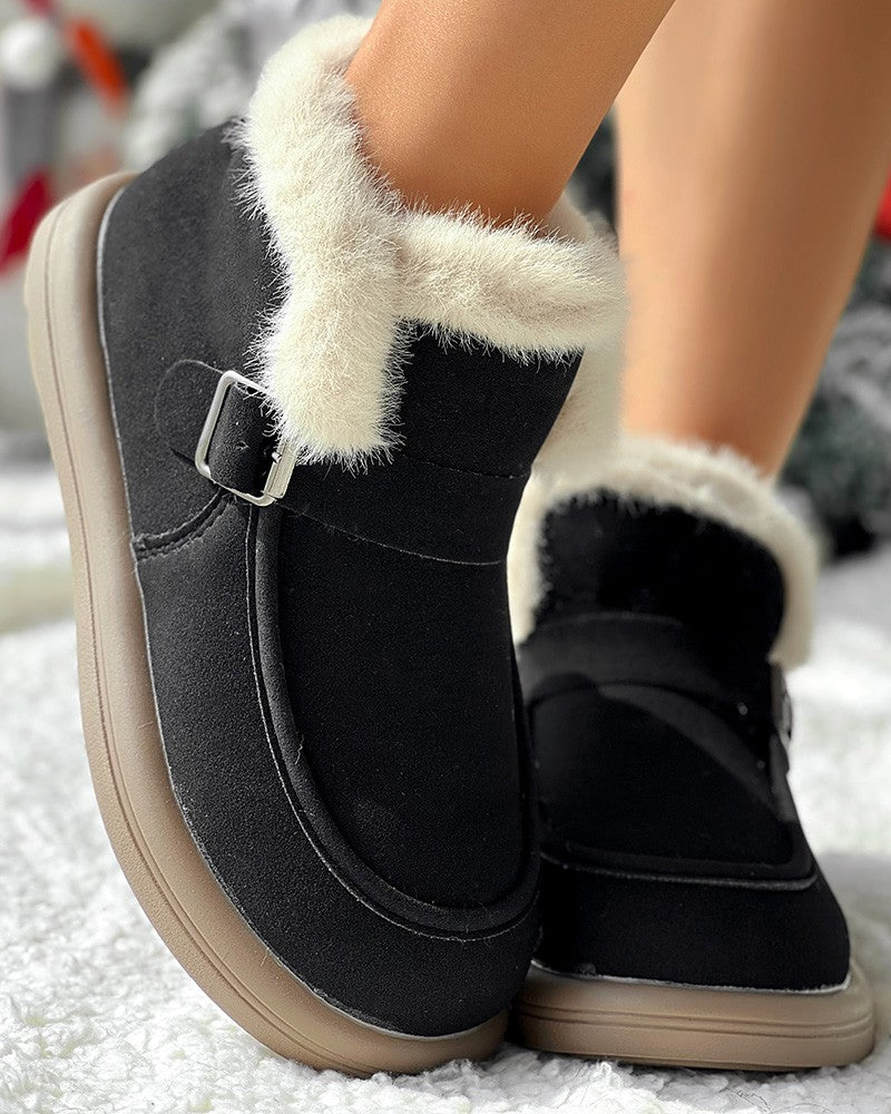 Buckled Fuzzy Lined Warm Ankle Boots