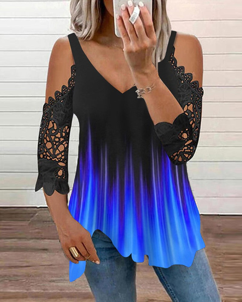 Ombre Contrast Lace Cold Shoulder Top