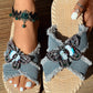 Denim Sequin Butterfly Cross Strap Raw Hem Beach Slippers