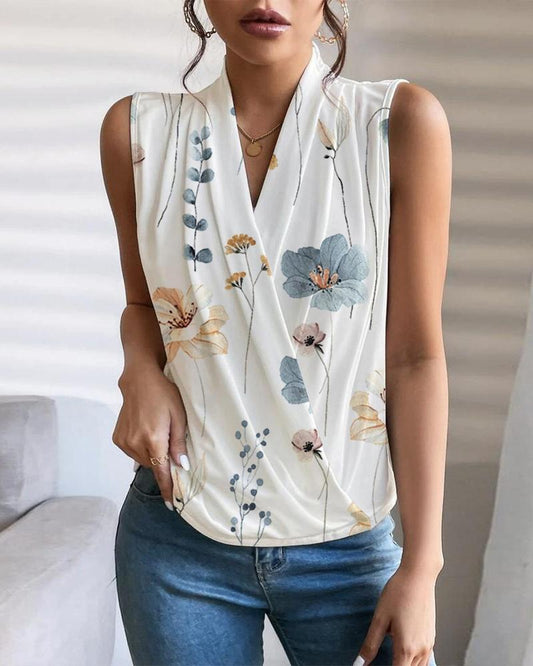 Floral Print Ruched V Neck Sleeveless Wrap Top