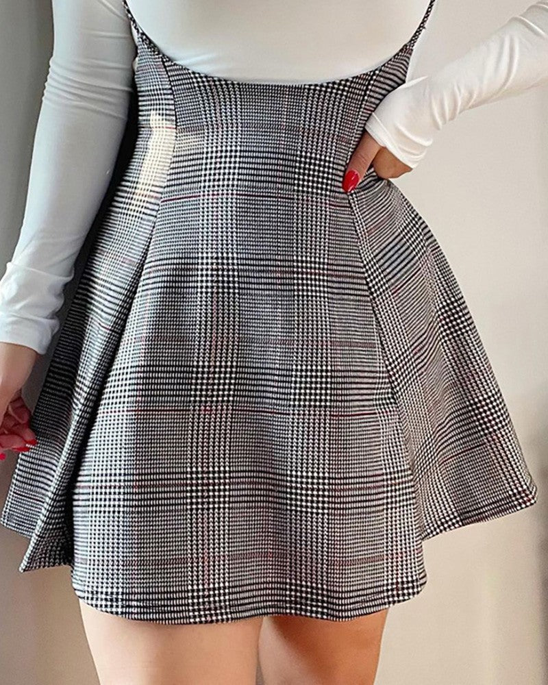 Plaid Print Spaghetti Strap Pleated Dress