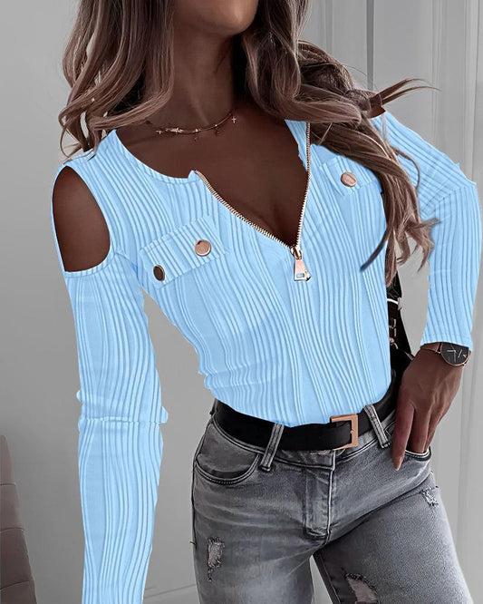 Cold Shoulder Zipper Design Buttoned Textured Top