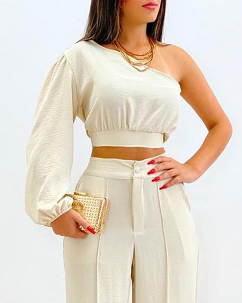 One Shoulder Crop Top & High Waist Pants Set