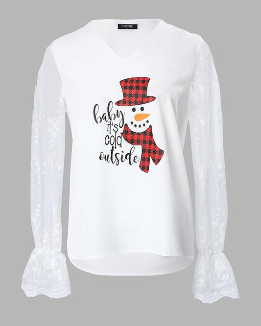 Christmas Snowman Print Contrast Lace Long Sleeve Top
