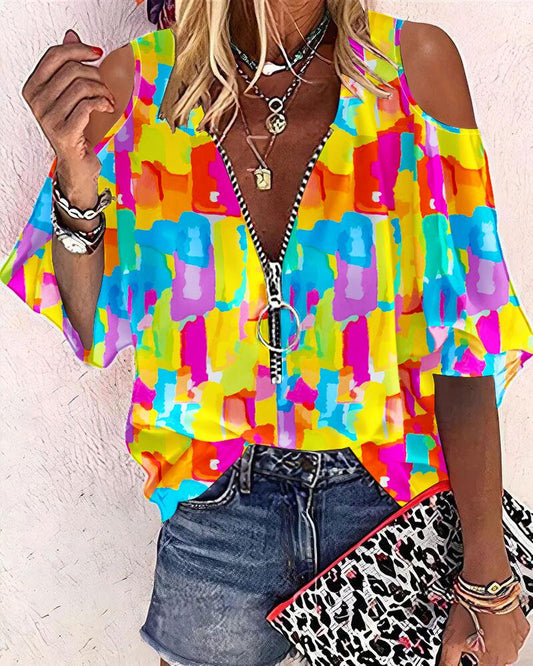 Tie Dye Print Zip Front Cold Shoulder Top