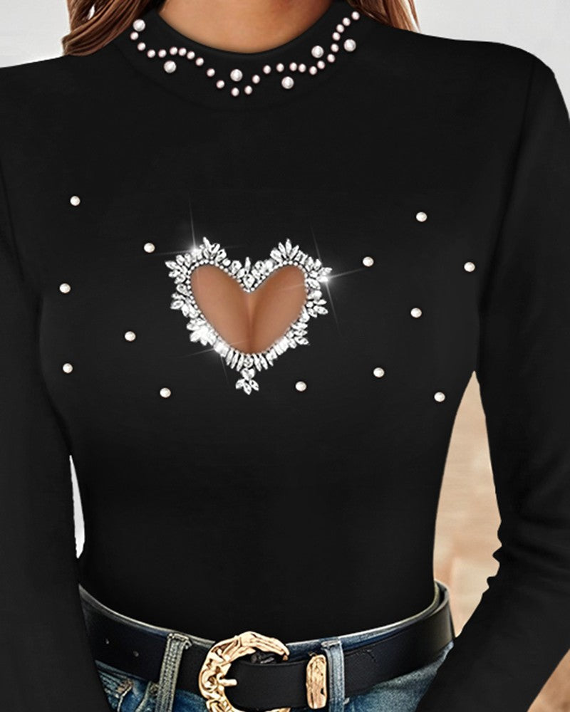 Hollow Heart Beaded Long Sleeve Top