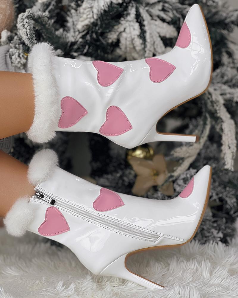 Christmas Fuzzy Detail Star Heart Pattern Lined Ankle Boots