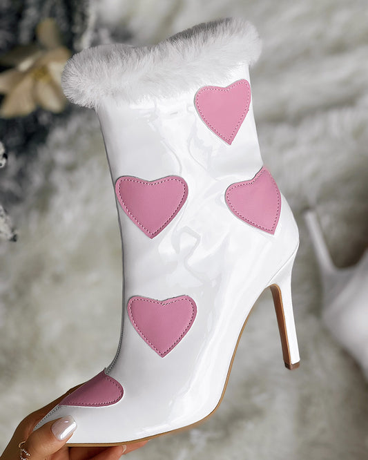 Christmas Fuzzy Detail Star Heart Pattern Lined Ankle Boots