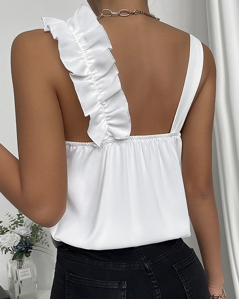 Thick Strap V Neck Ruffle Hem Top