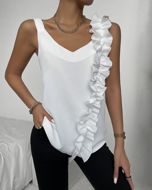 Thick Strap V Neck Ruffle Hem Top