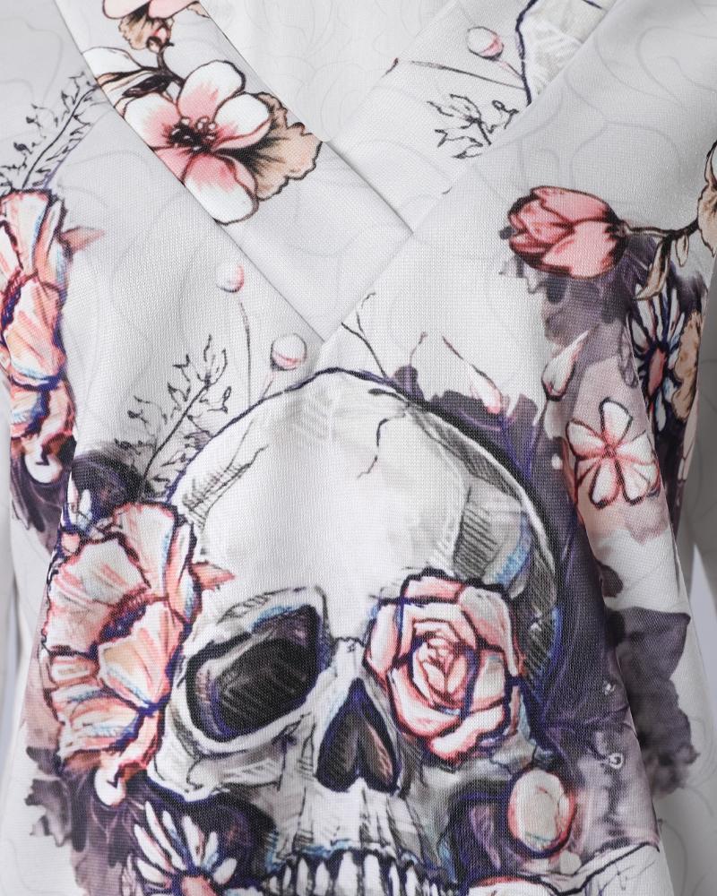 Halloween Skull Floral Print Long Sleeve Top