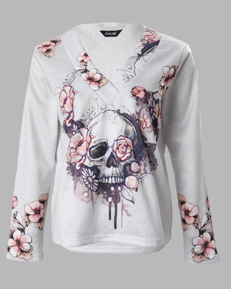 Halloween Skull Floral Print Long Sleeve Top