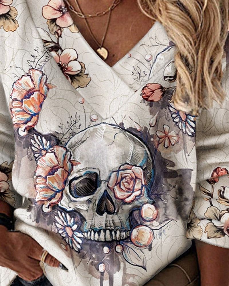 Halloween Skull Floral Print Long Sleeve Top