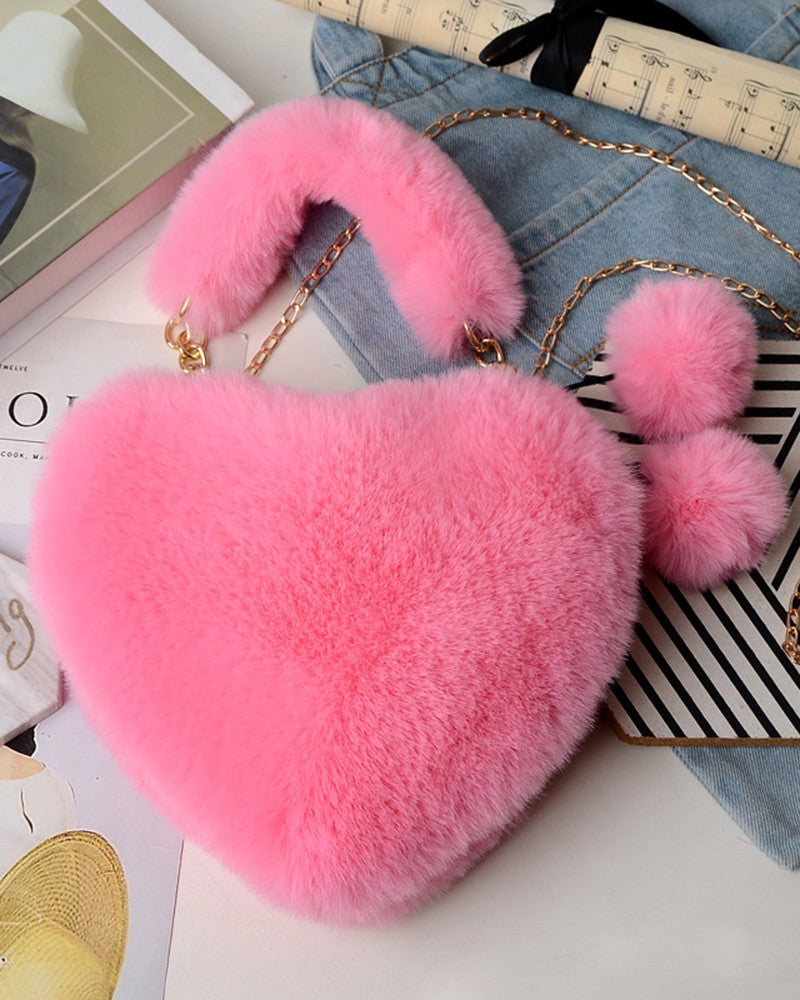 Fluffy Heart Shaped Pom Pom Chain Strap Handbag