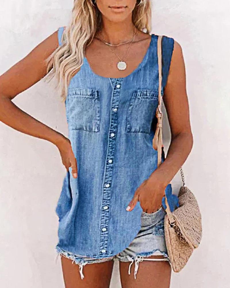 Denim Look Print Buttoned Tank Top