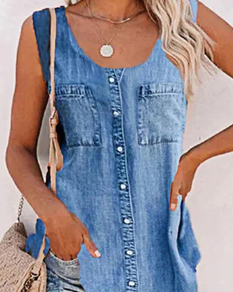 Denim Look Print Buttoned Tank Top