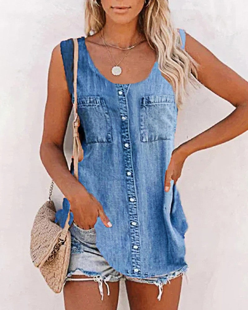 Denim Look Print Buttoned Tank Top