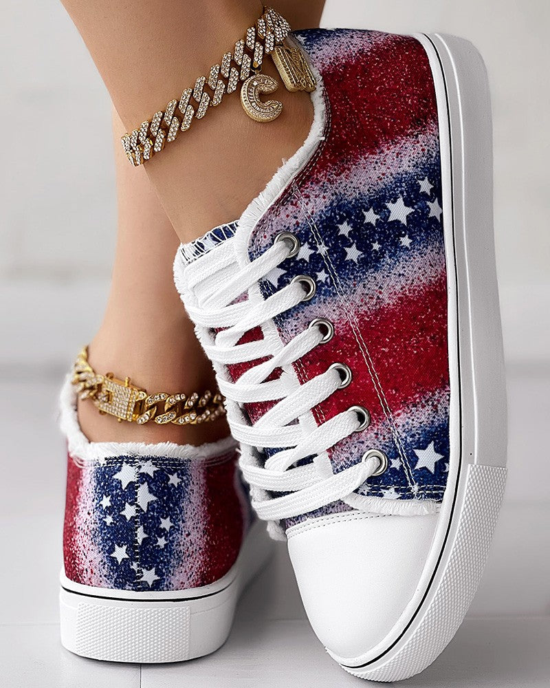 Independence Day Flag Print Ombre Raw Hem Sneakers