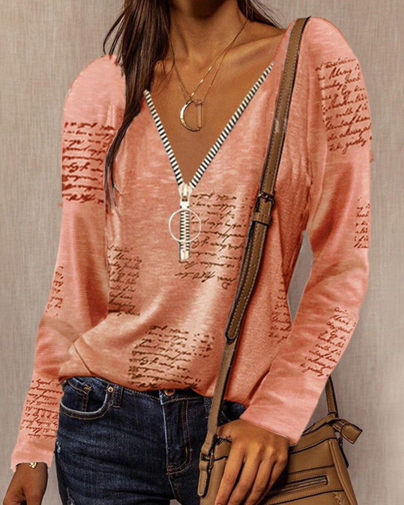 Letter Print Zipper V Neck Long Sleeve Top