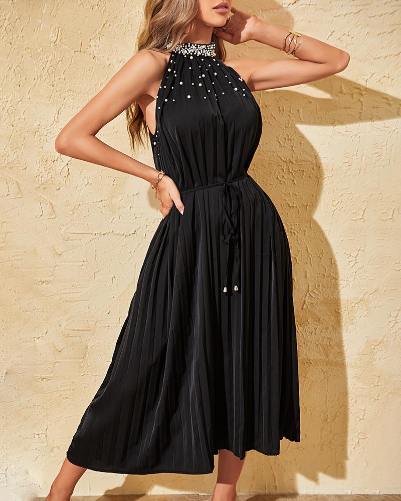 Beaded Halter Pleated Sleeveless Dress