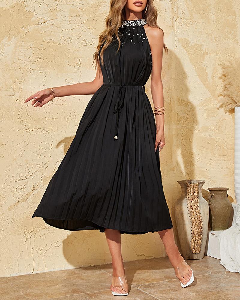 Beaded Halter Pleated Sleeveless Dress