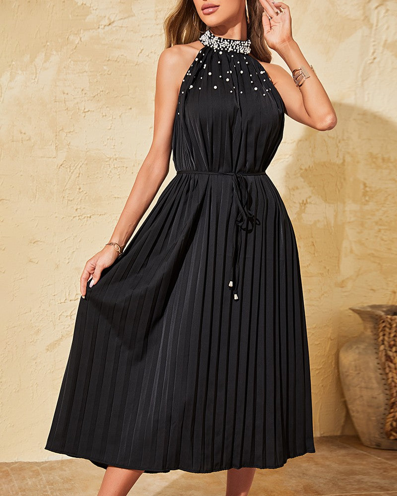 Beaded Halter Pleated Sleeveless Dress