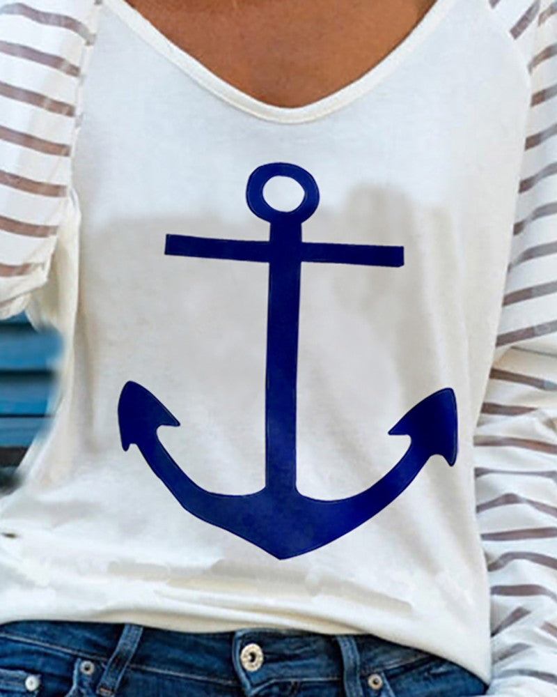 Anchor Striped Print Casual T shirt