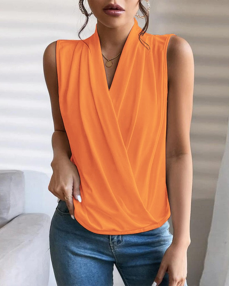 Ruched V Neck Sleeveless Wrap Top