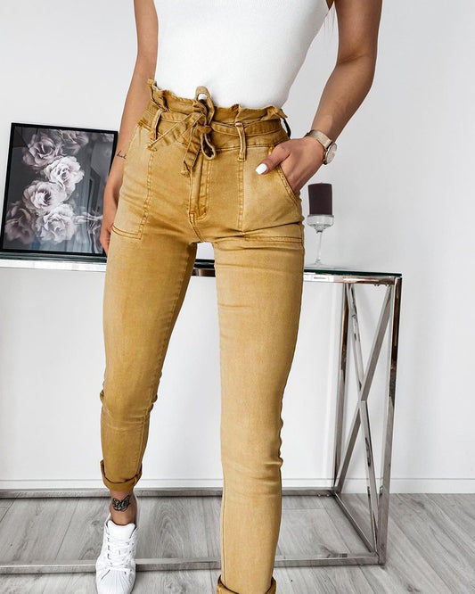 Paper Bag Waist Pocket Detail Self Tie Skinny Pants