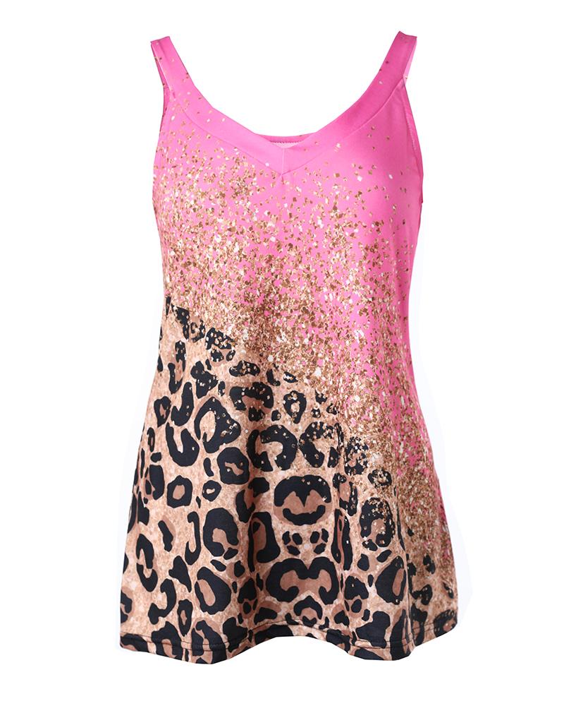 Pink Contrast Leopard Print Casual Tank Top