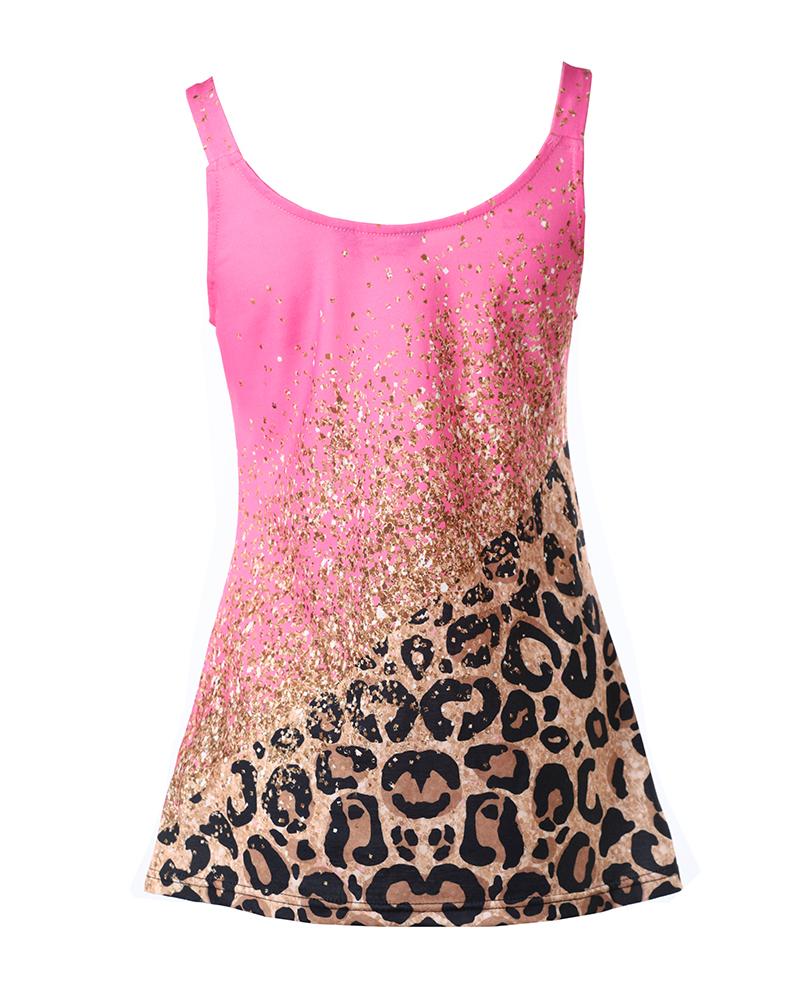 Pink Contrast Leopard Print Casual Tank Top