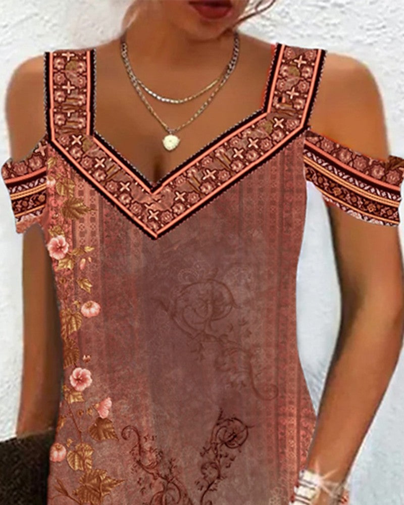 Floral Tribal Print Cold Shoulder Casual Dress