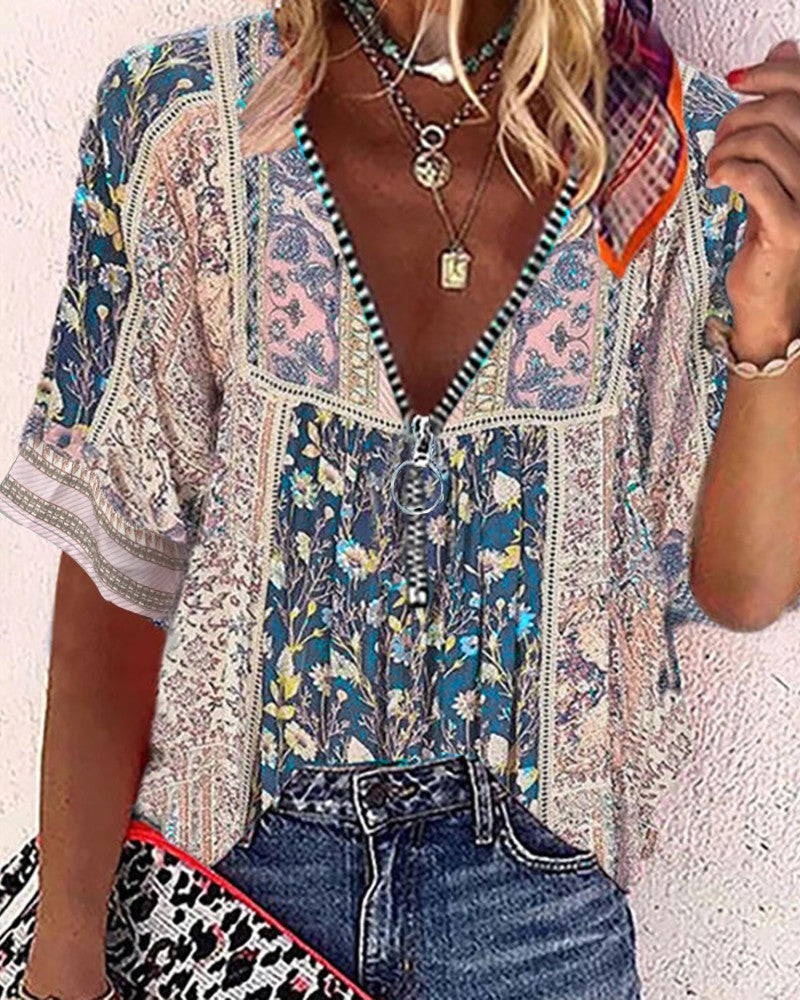 All Over Print Zipper Design V Neck Top