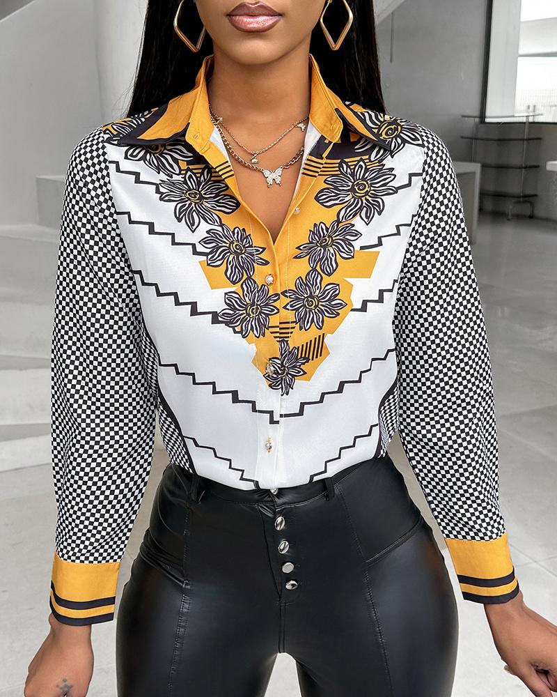 Colorblock Sunflower Geometric Print Buttoned Top